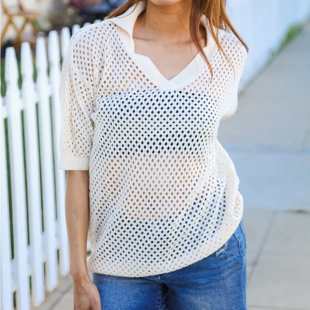 Cream Knit Short Sleeved Crochet Trendy Fish Net Top, Collared, S-M-L